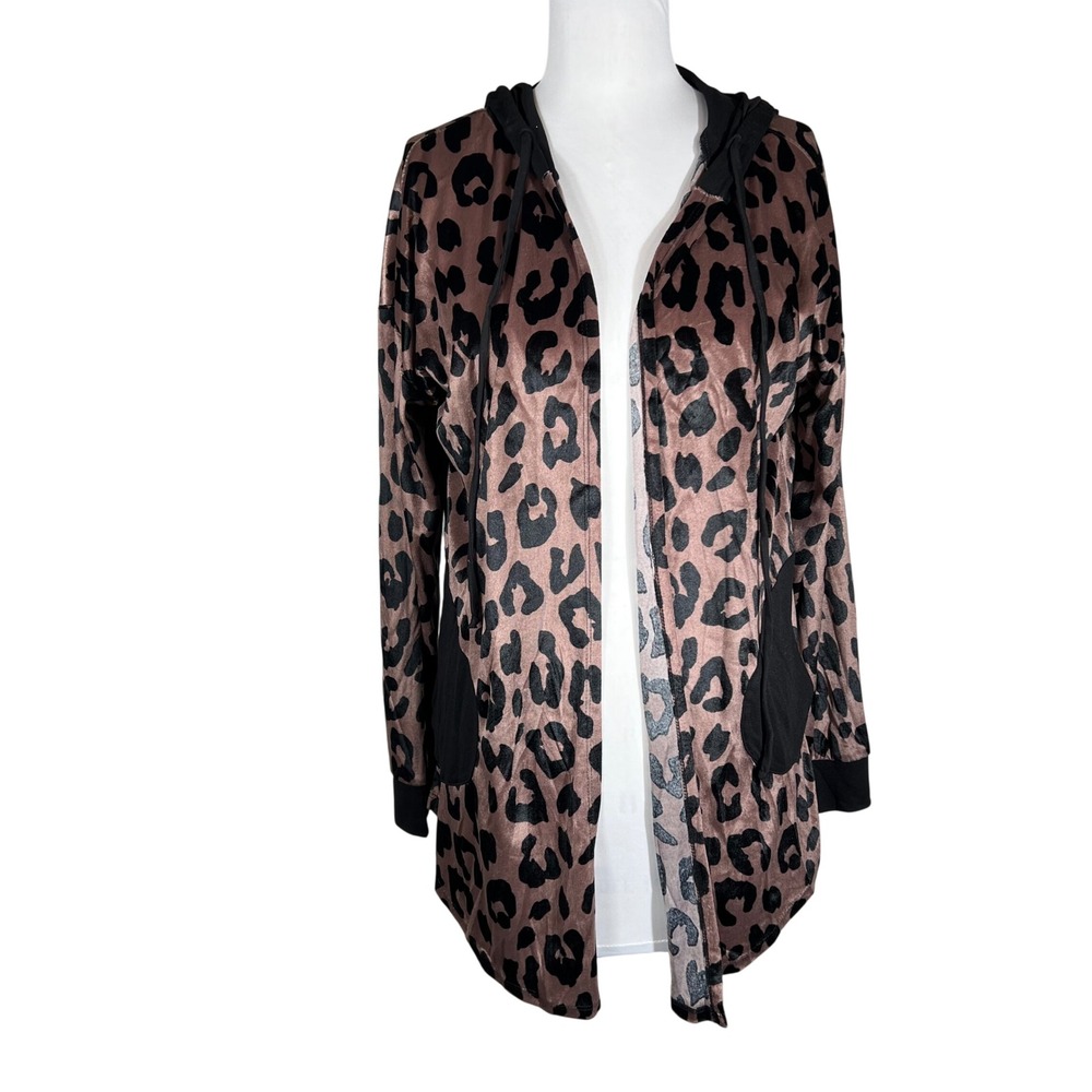 Leopard Print Velour Feel Fabric Hooded Open Front Cardigan Brown Black small